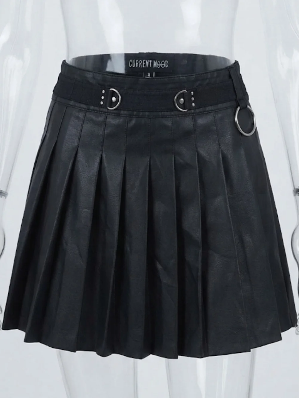 Current Mood Black Pleated Faux Leather Skater Skirt with O-Ring Detail